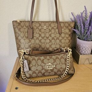 Coach Brown Signature Fiona Tote and Charlotte Crossbody Set